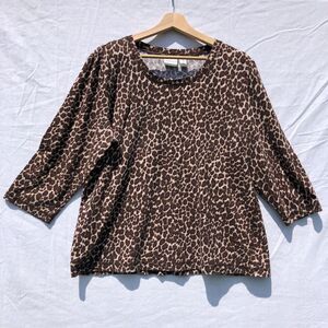 Brown Animal Print Knit Top Weekend's by Chico's Size 3 XL Cotton